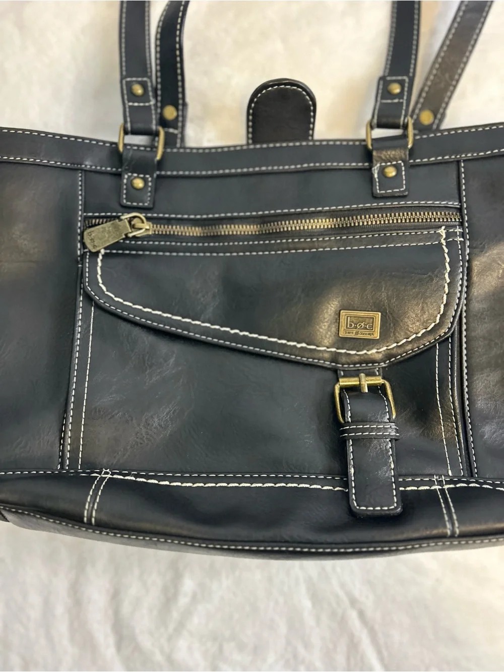 B.O.C. Born Concept Black Vinyl Tote Shoulder Bag Contrast Stitch Buckle